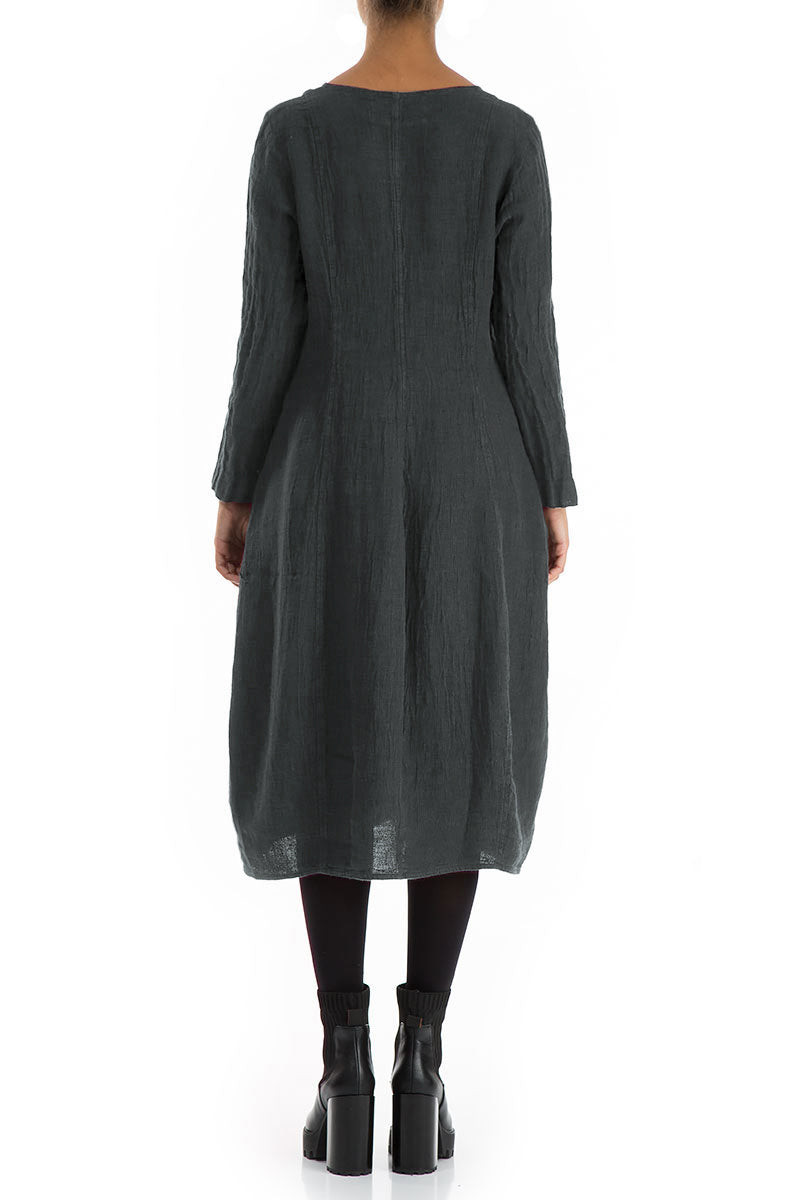 V-Neck Balloon Forest Grey Mélange Linen Dress 2