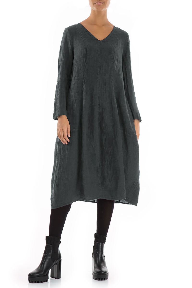 V-Neck Balloon Forest Grey Mélange Linen Dress 5