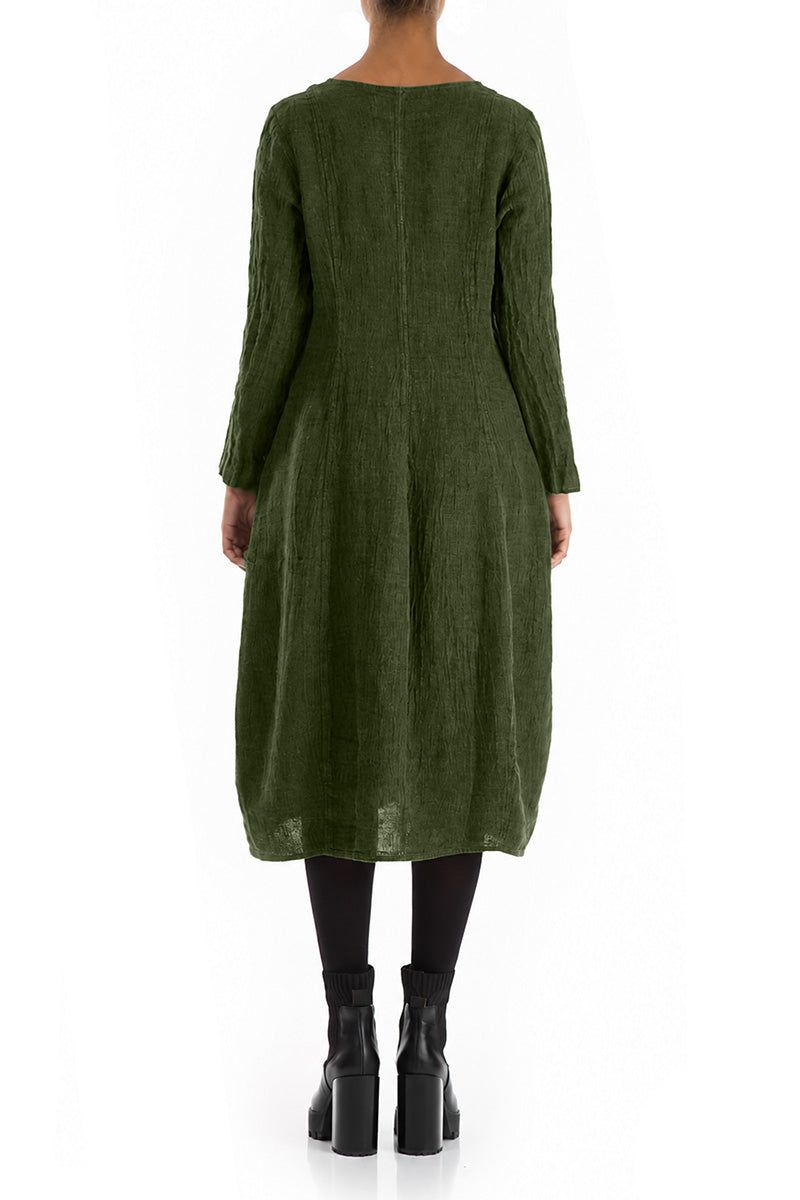 V-Neck Balloon Shamrock Green Mélange Linen Dress