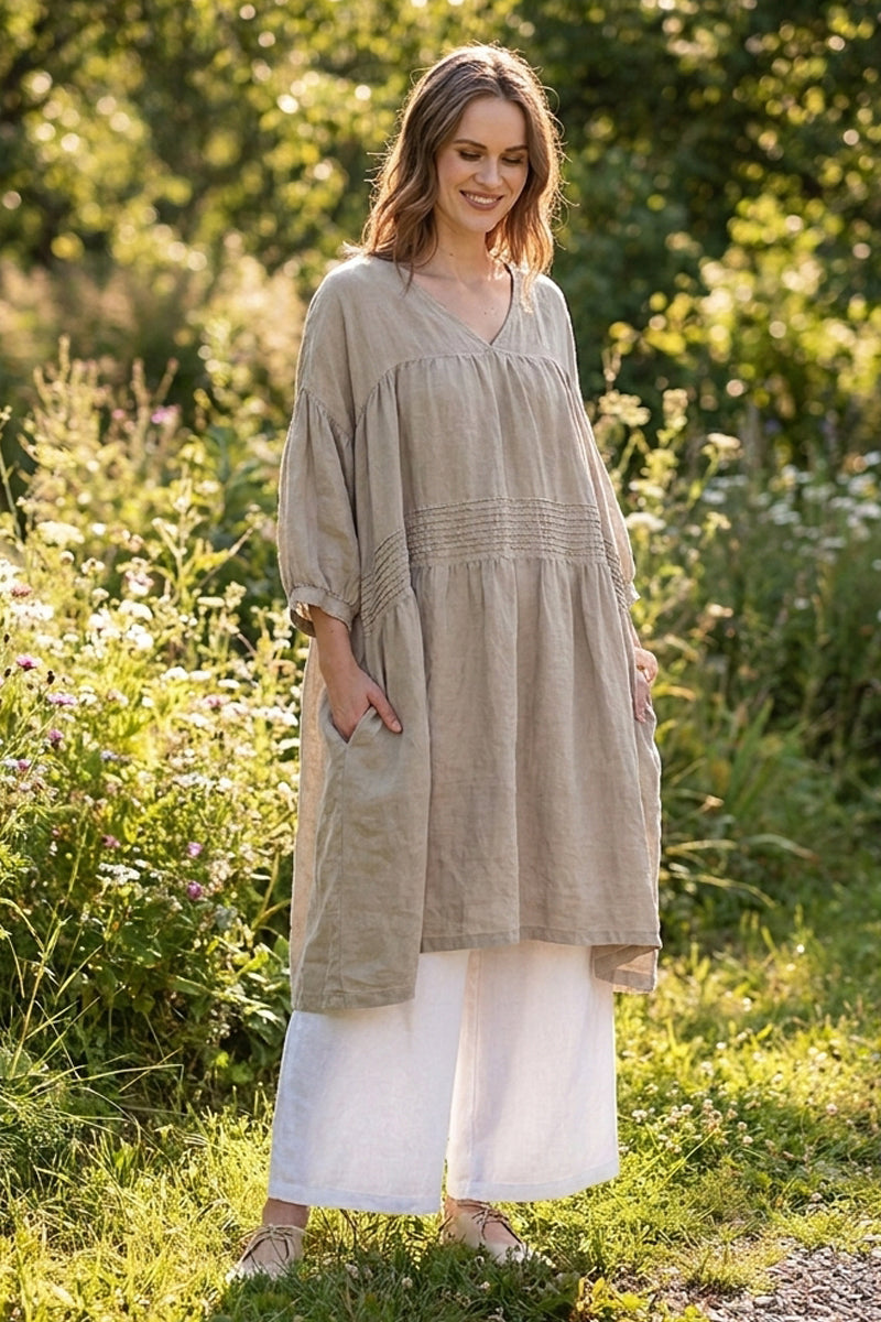 boxy linen dress V-Neck Beige Pintuck Linen Dress – grizas.com