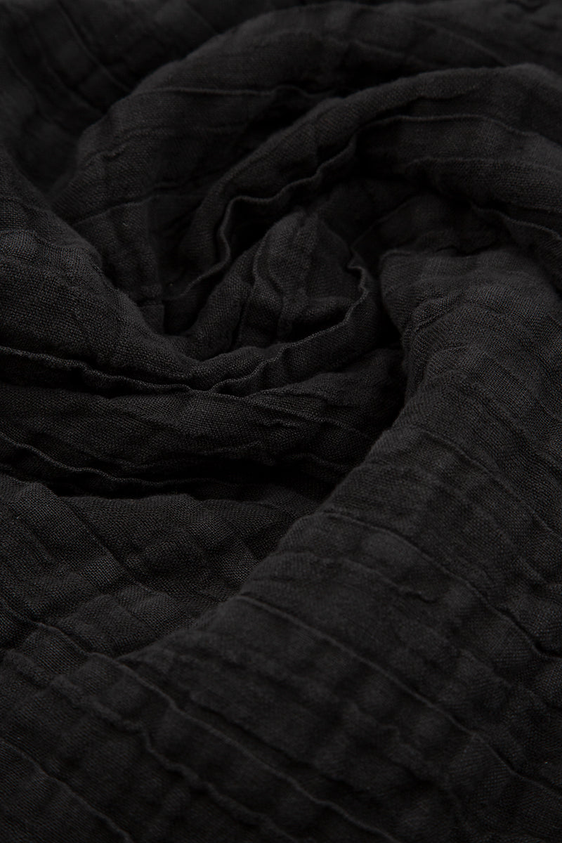 V-Neck Black Pleated Linen Dress