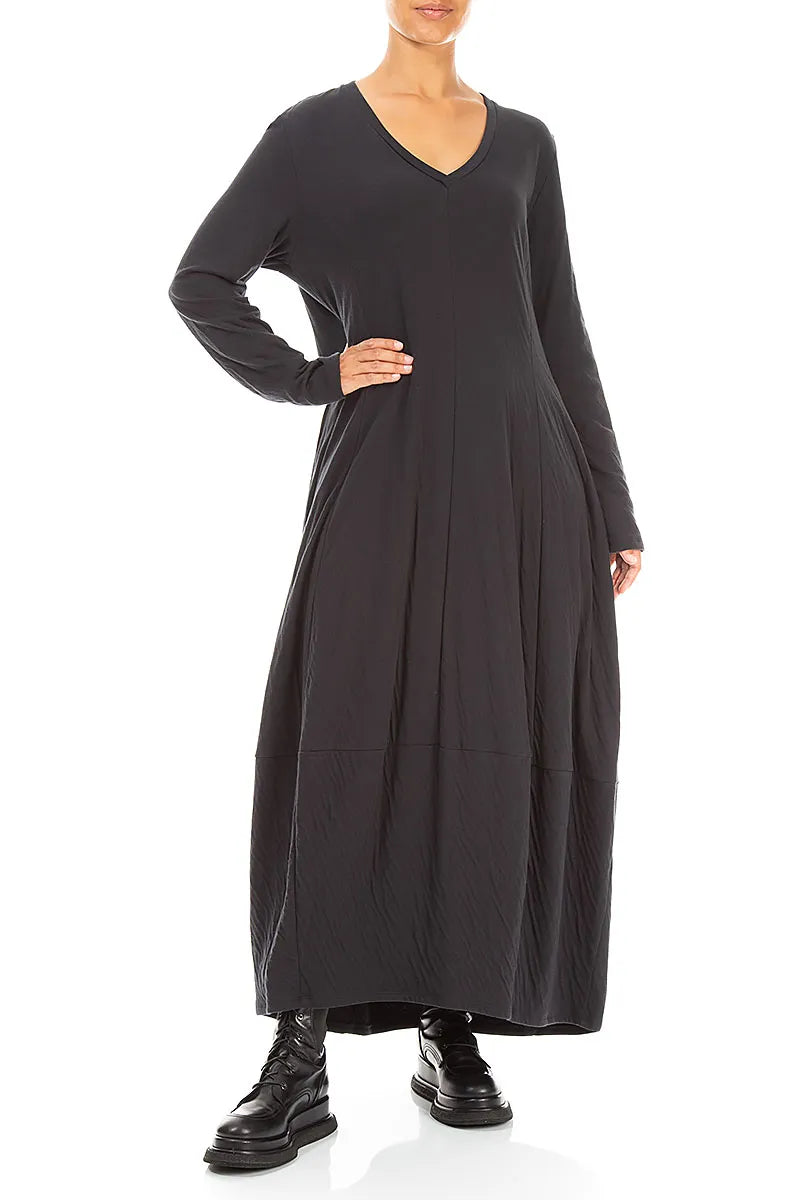 V-Neck Black Wavy Cotton Maxi Dress 4