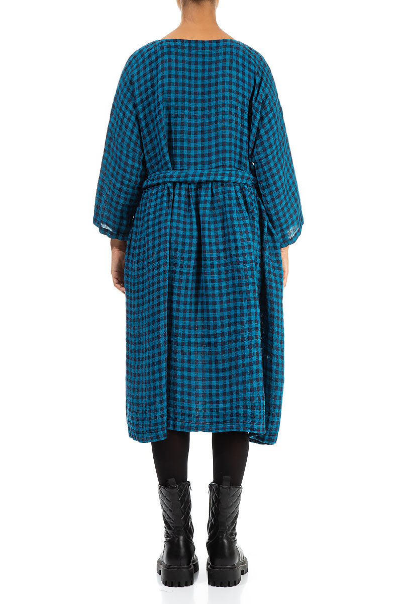 V-Neck Blue Check Linen Dress 2