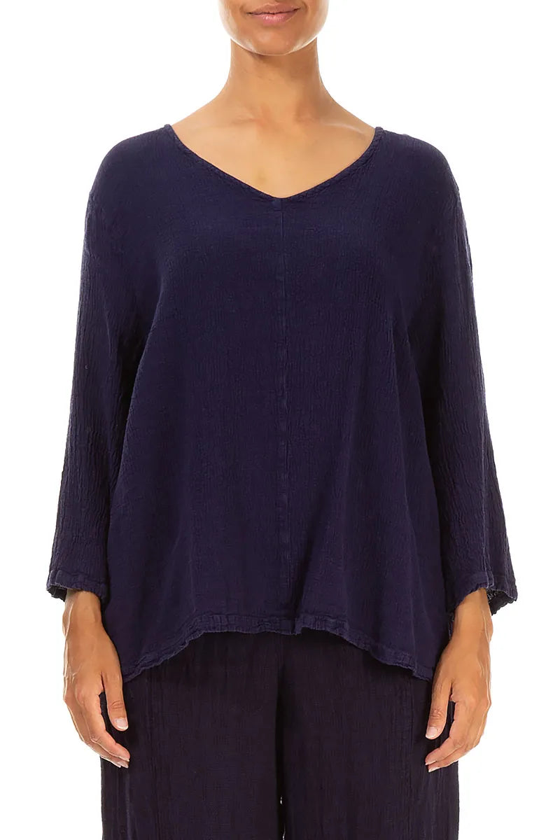 V-Neck Blue Violet Linen Viscose Blouse 1