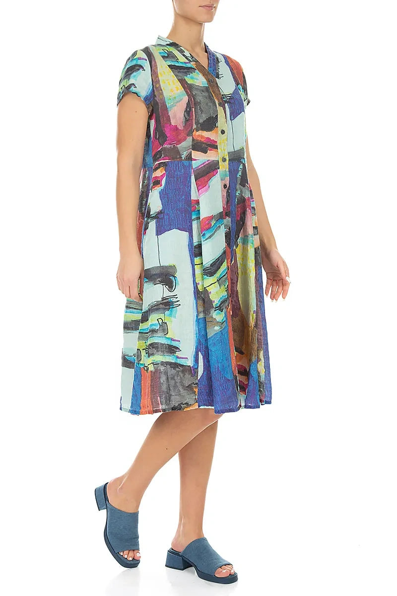 V-Neck Buttoned Abstract Linen Dress 3