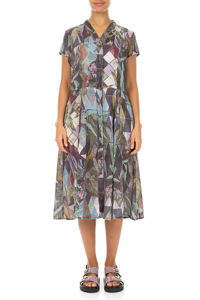 V-Neck Buttoned Art Mosaic Linen Dress 1