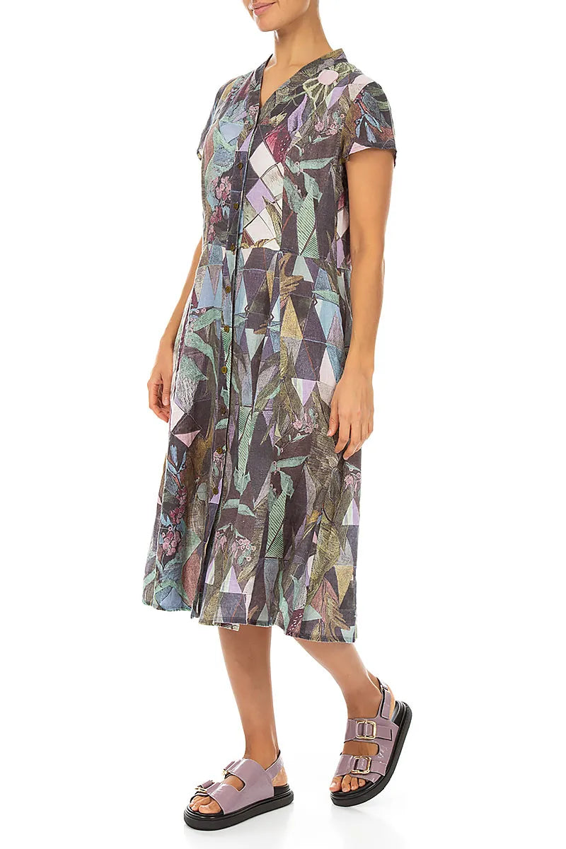 V-Neck Buttoned Art Mosaic Linen Dress 3