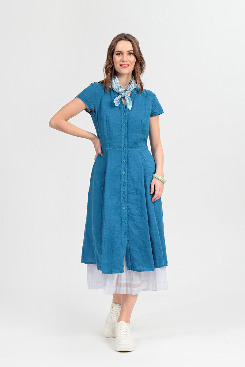 V-Neck Buttoned Cobalt Blue Linen Dress – grizas.com V-Neck Buttoned Cobalt Blue Linen Dress – grizas.com