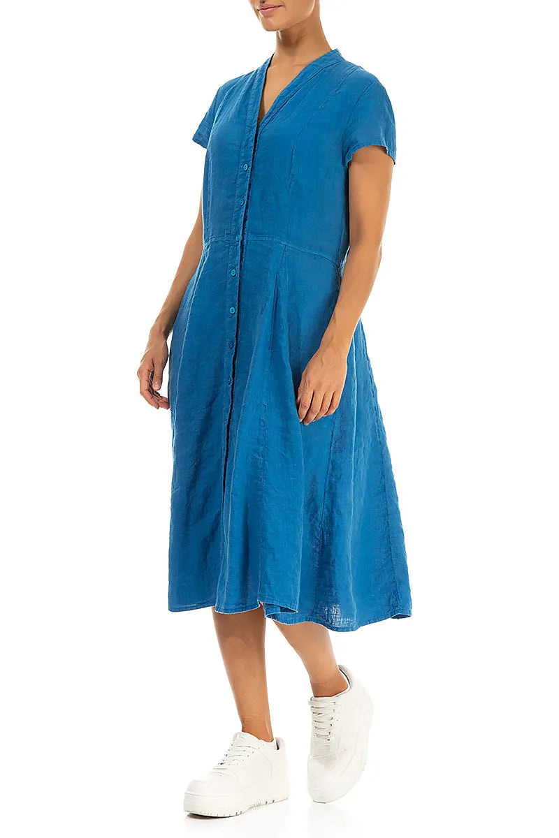 Kobaltblaues Leinenkleid mit V-Ausschnitt und Knöpfen