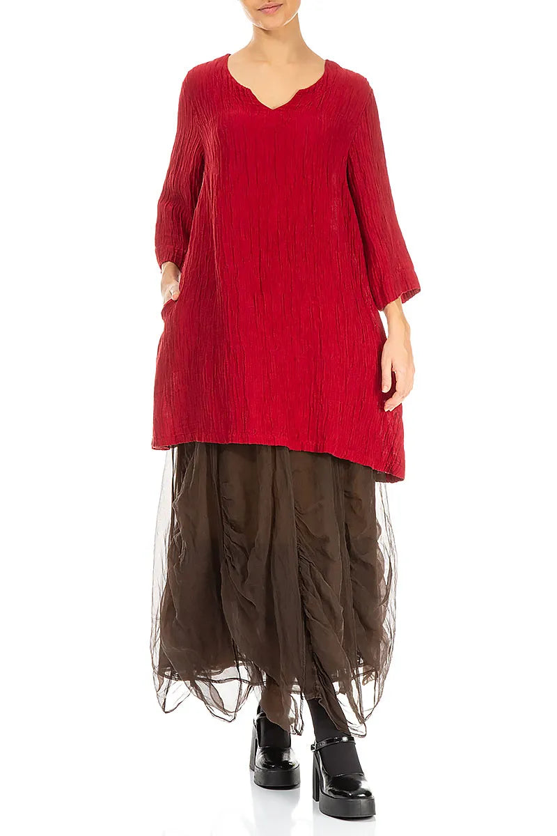 V-Neck Cherry Red Crinkled Silk Tunic 5