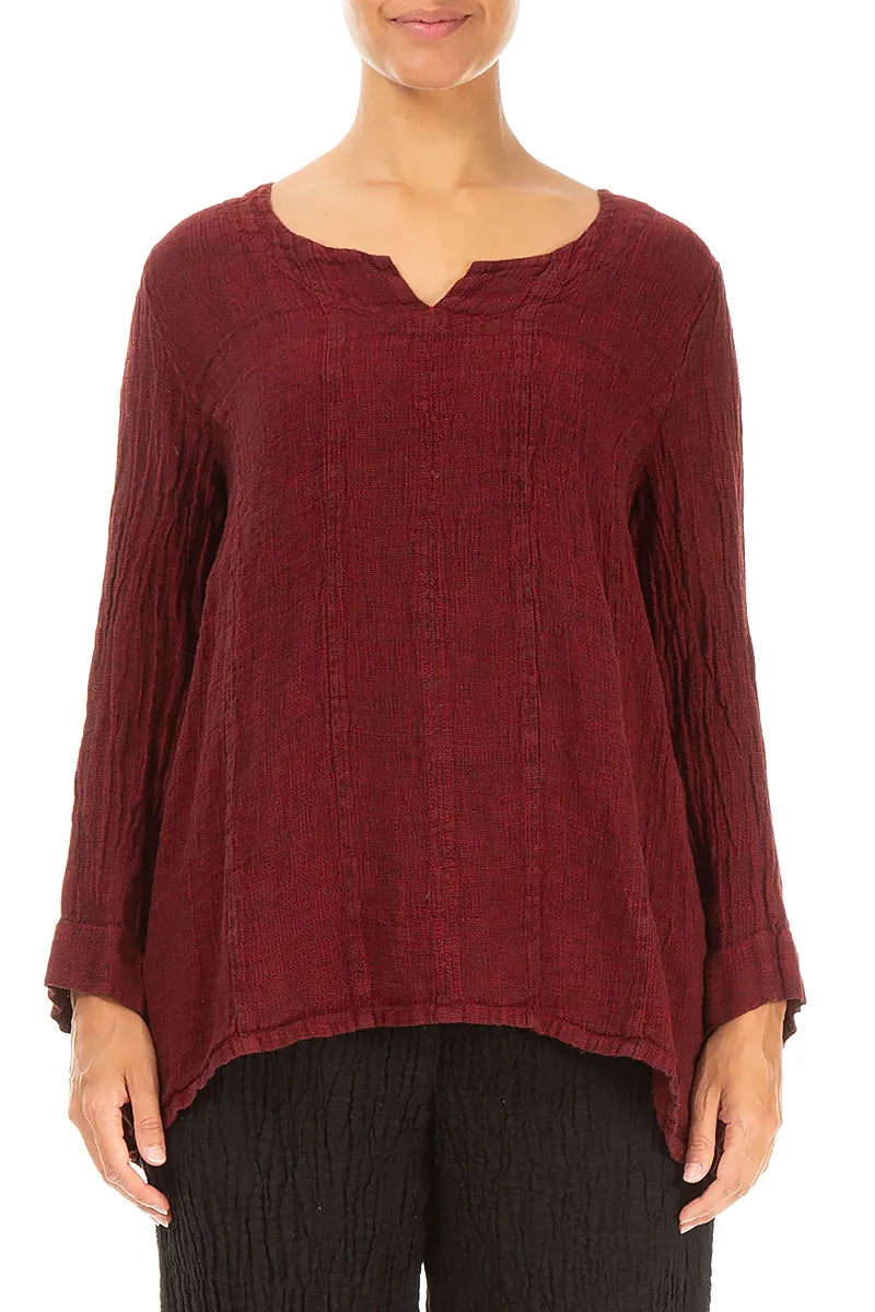 V-Neck Cherry Red Mélange Linen Blouse 1