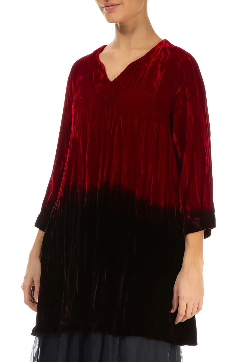 V-Neck Cherry Red Silk Velvet Ombré Tunic 4