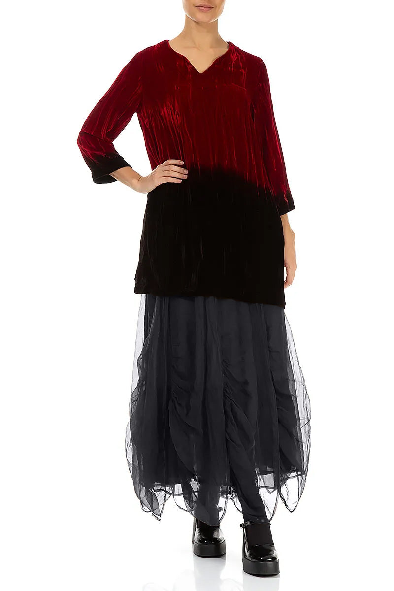 V-Neck Cherry Red Silk Velvet Ombré Tunic 5