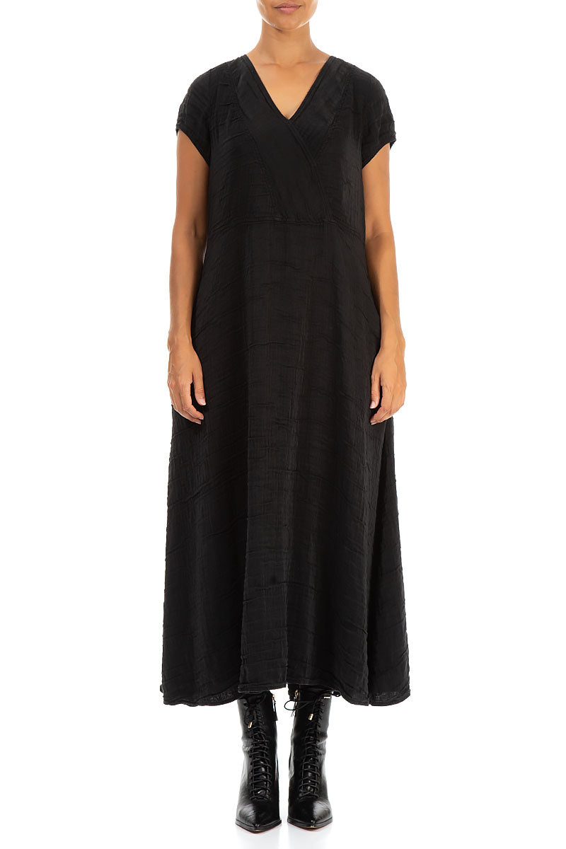 V-Neck Crinkled Black Silk Dress