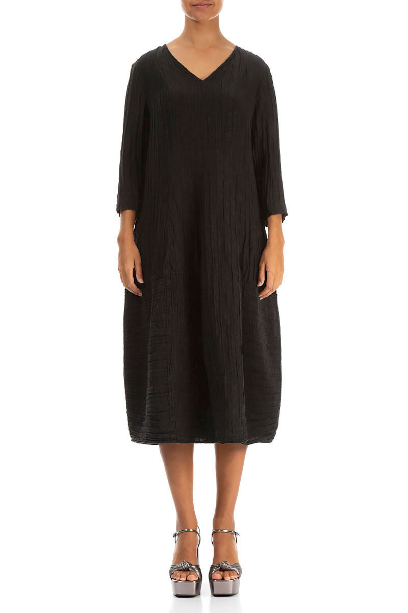 V-Neck Crinkled Black Silk Linen Dress M