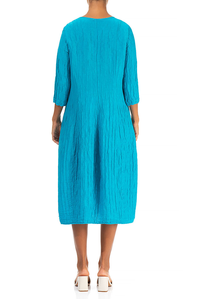 V-Neck Crinkled Bright Turquoise Silk Linen Dress 2