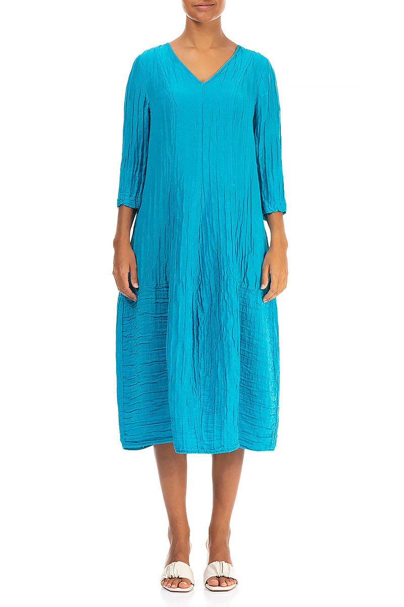 V-Neck Crinkled Bright Turquoise Silk Linen Dress 1