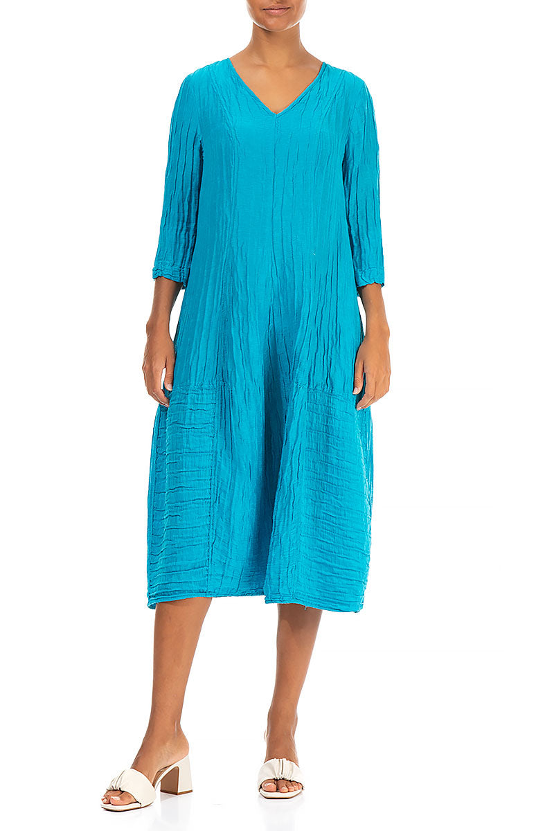 V-Neck Crinkled Bright Turquoise Silk Linen Dress 4