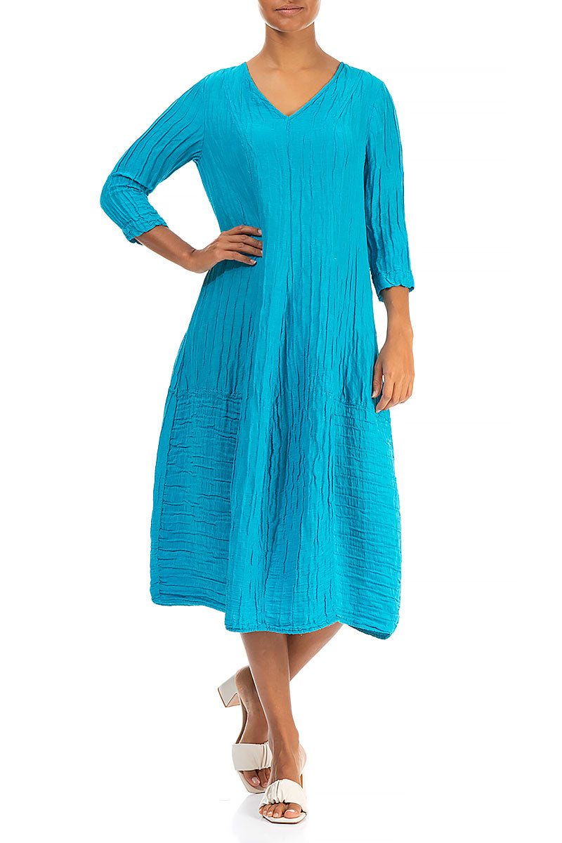 V-Neck Crinkled Bright Turquoise Silk Linen Dress 3