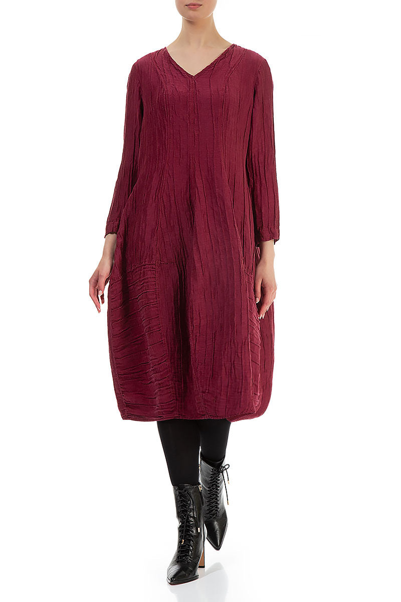 Long Sleeves V-Neck Crinkled Claret Silk Dress 3