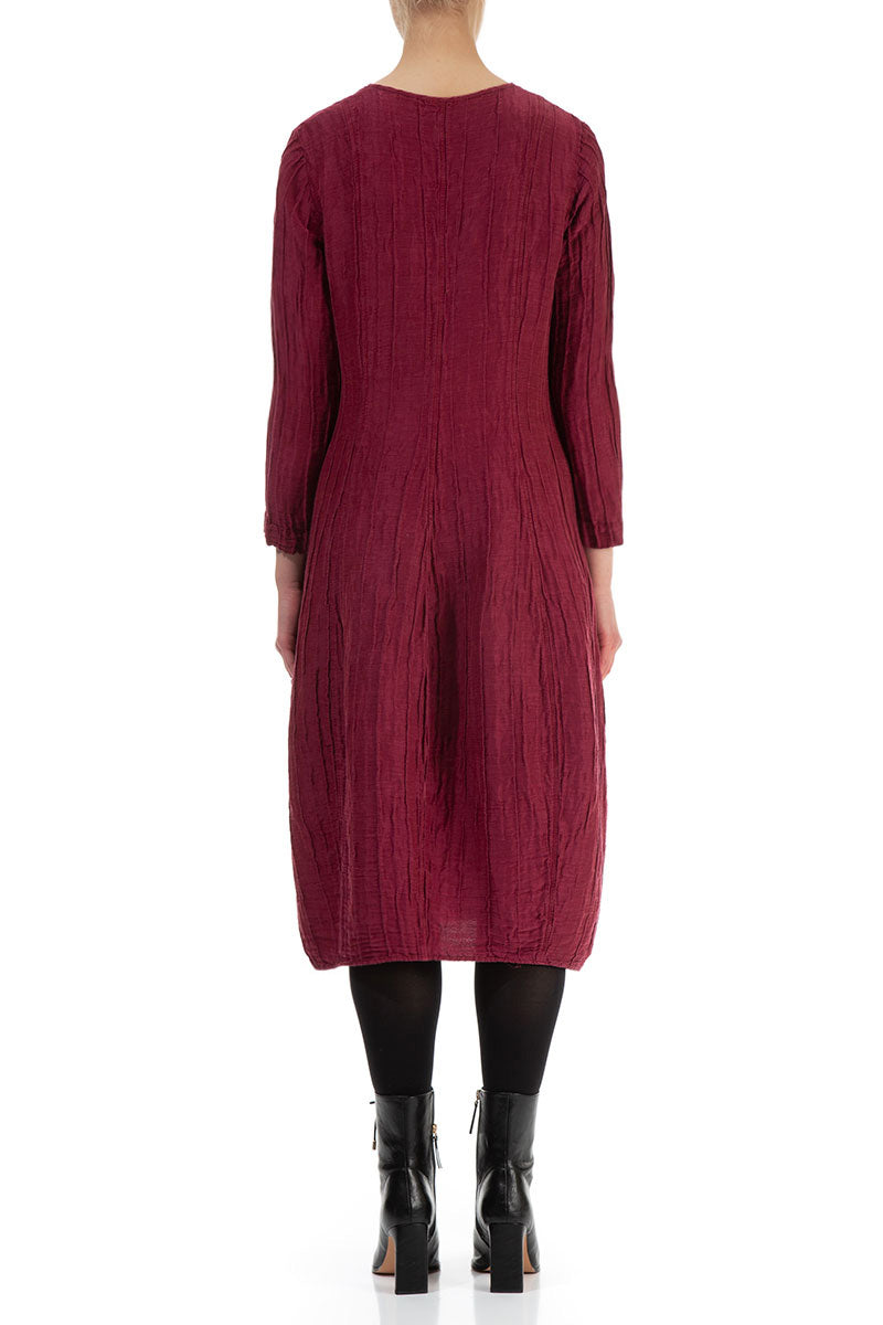 Long Sleeves V-Neck Crinkled Claret Silk Dress 2