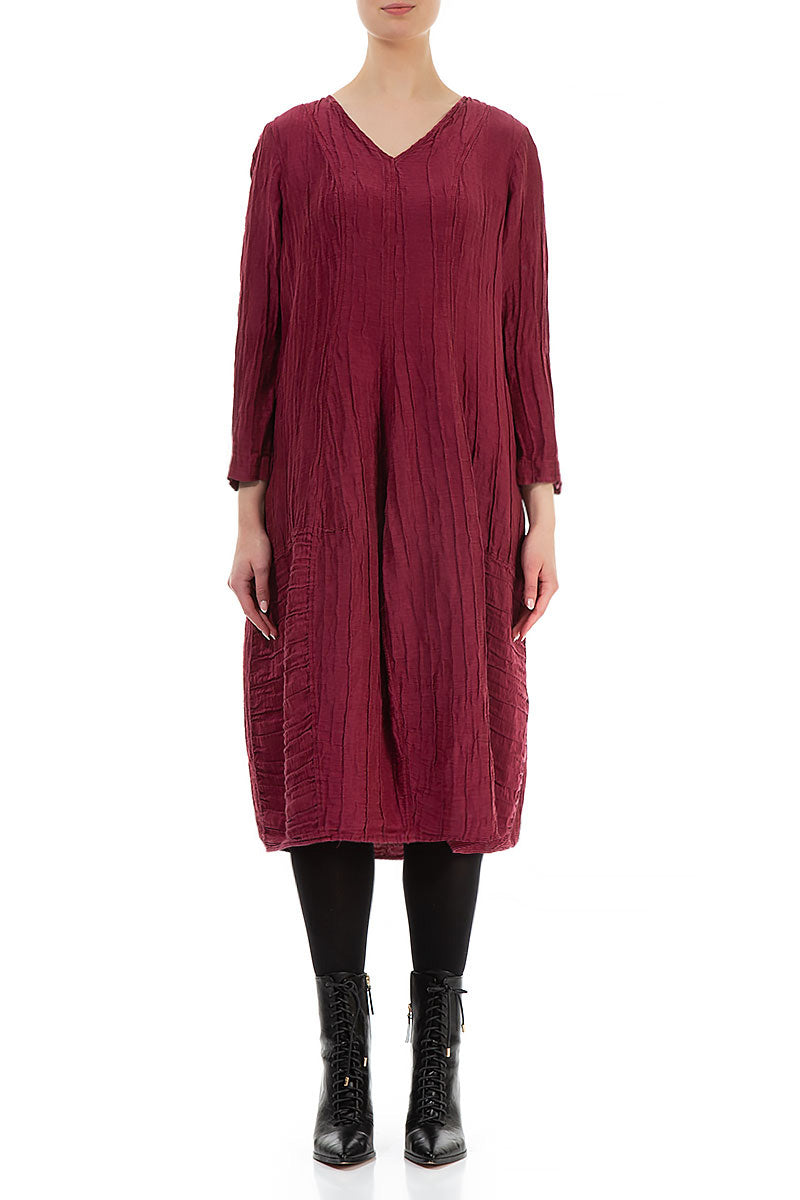 Long Sleeves V-Neck Crinkled Claret Silk Dress 1