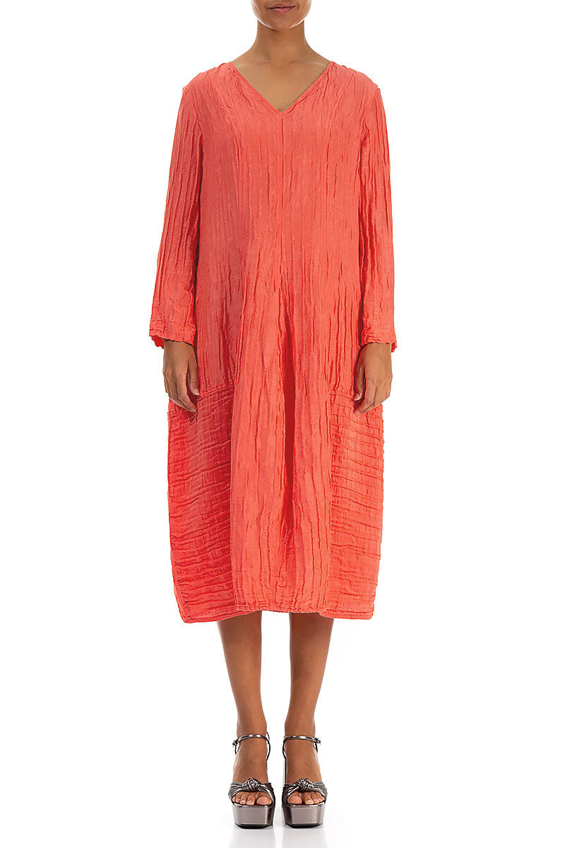 V-Neck Crinkled Living Coral Silk Linen Dress