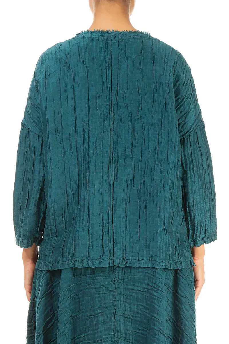 V-Neck Crinkled Peacock Silk Linen Blouse 2