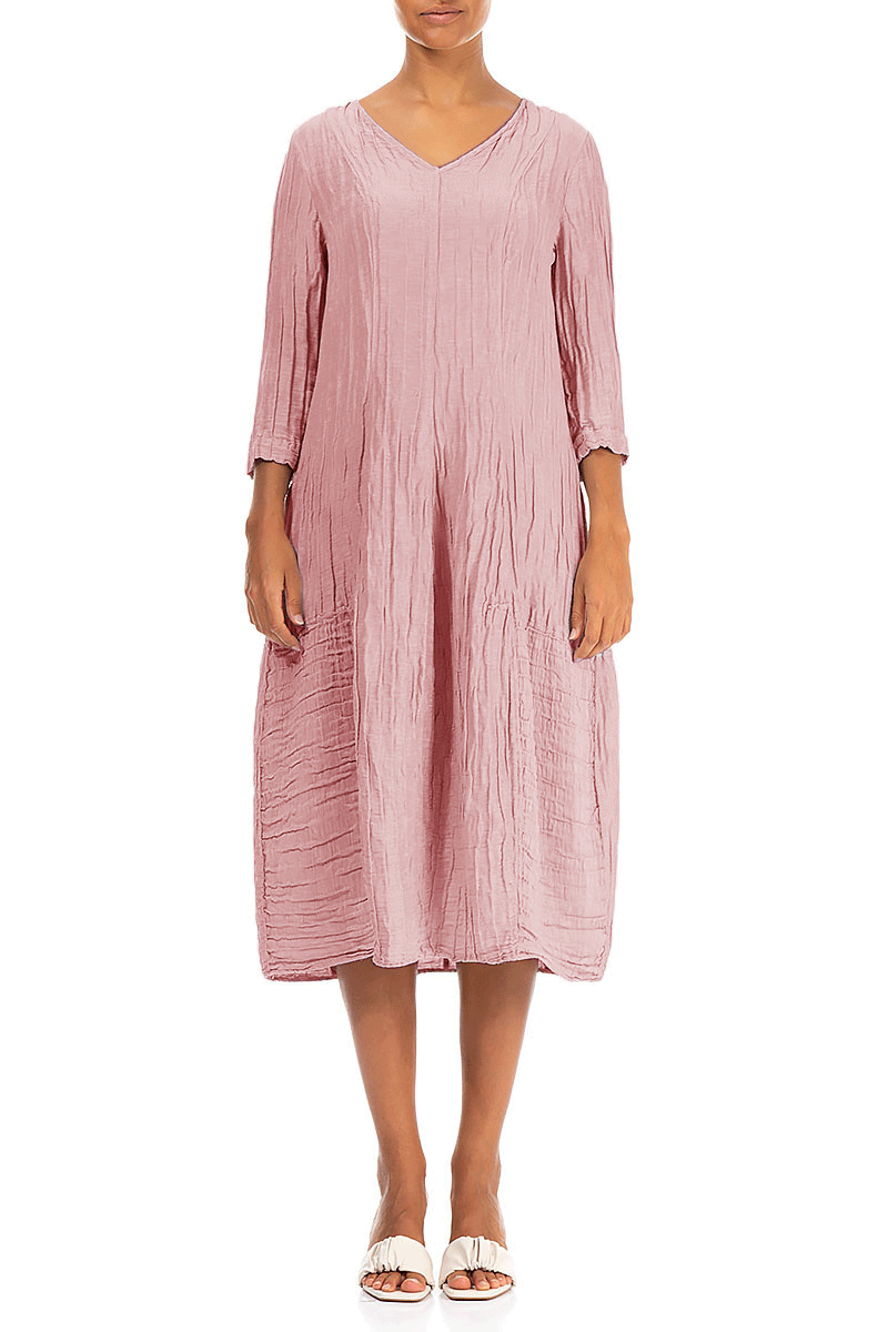 V-Neck Crinkled Powder Pink Silk Linen Dress 1