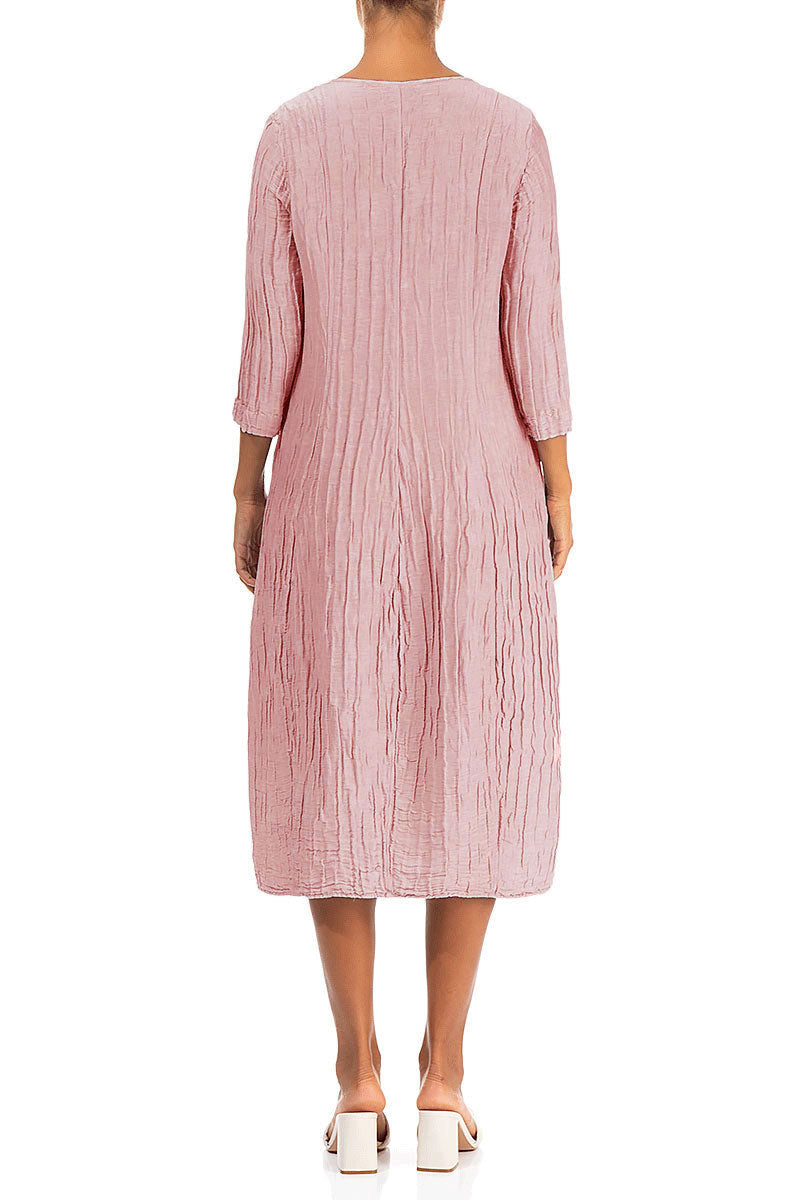 V-Neck Crinkled Powder Pink Silk Linen Dress 2