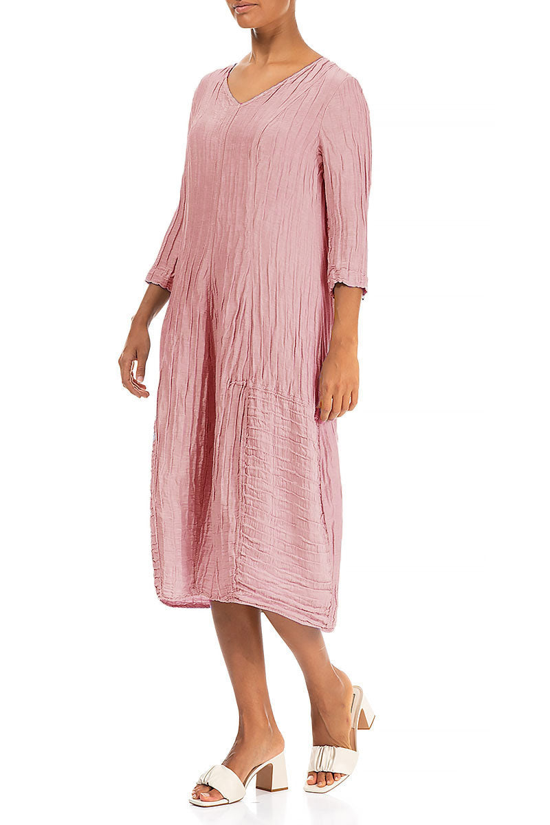 V-Neck Crinkled Powder Pink Silk Linen Dress 3