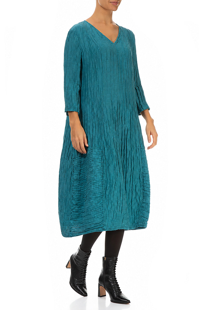 V-Neck Crinkled Turquoise Silk Linen Dress