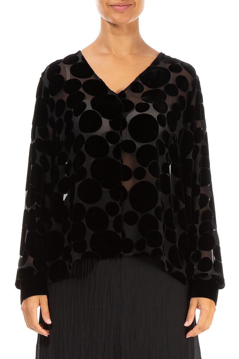 V-Neck Devoré Bubbles Black Silk Velvet Blouse 1