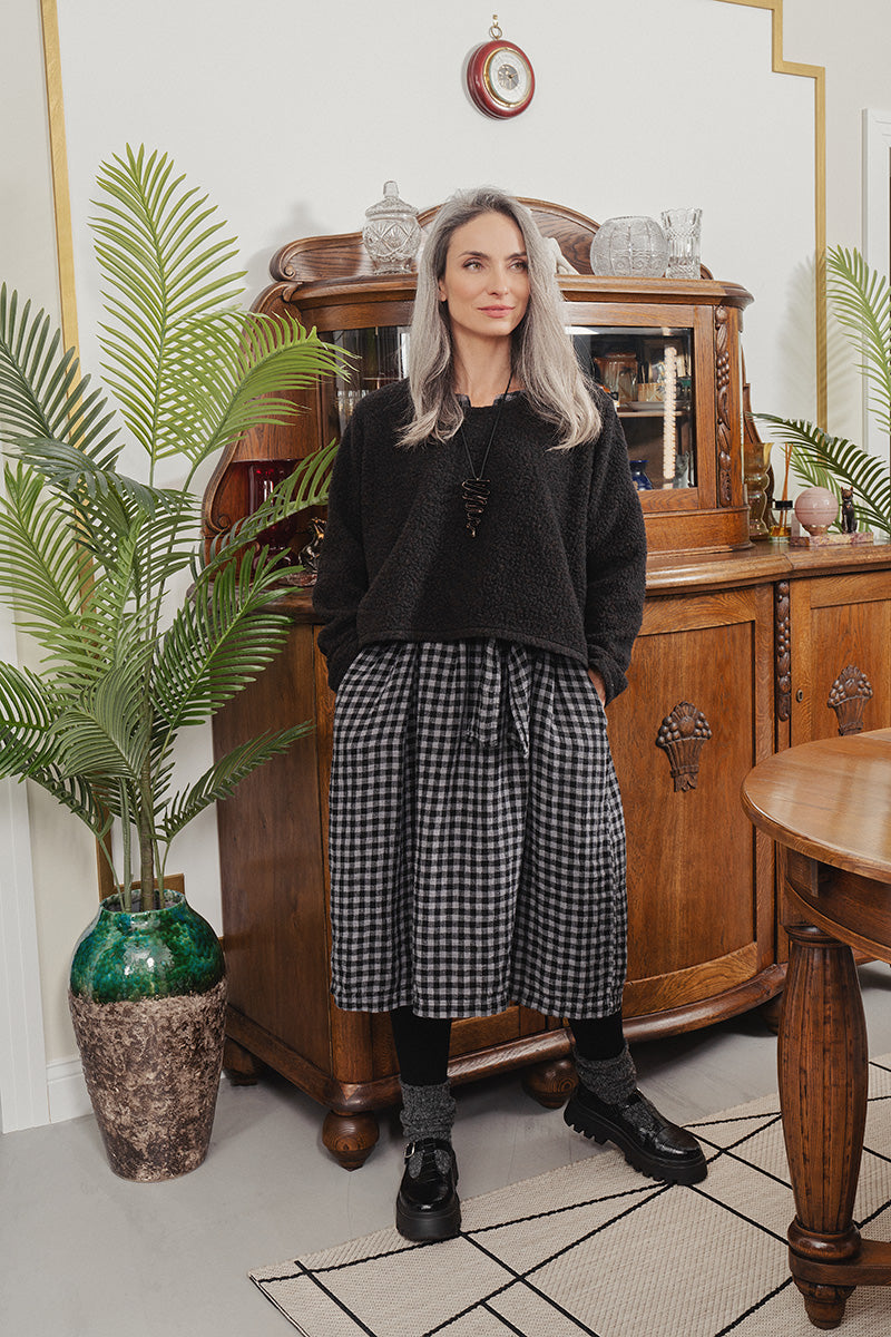 V-Neck Grey Check Linen Dress 7