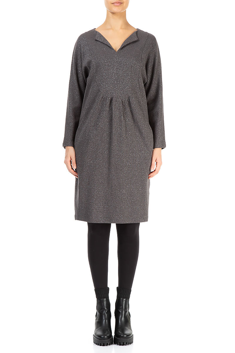 V-Neck Grey Glitter Cotton Dress 1