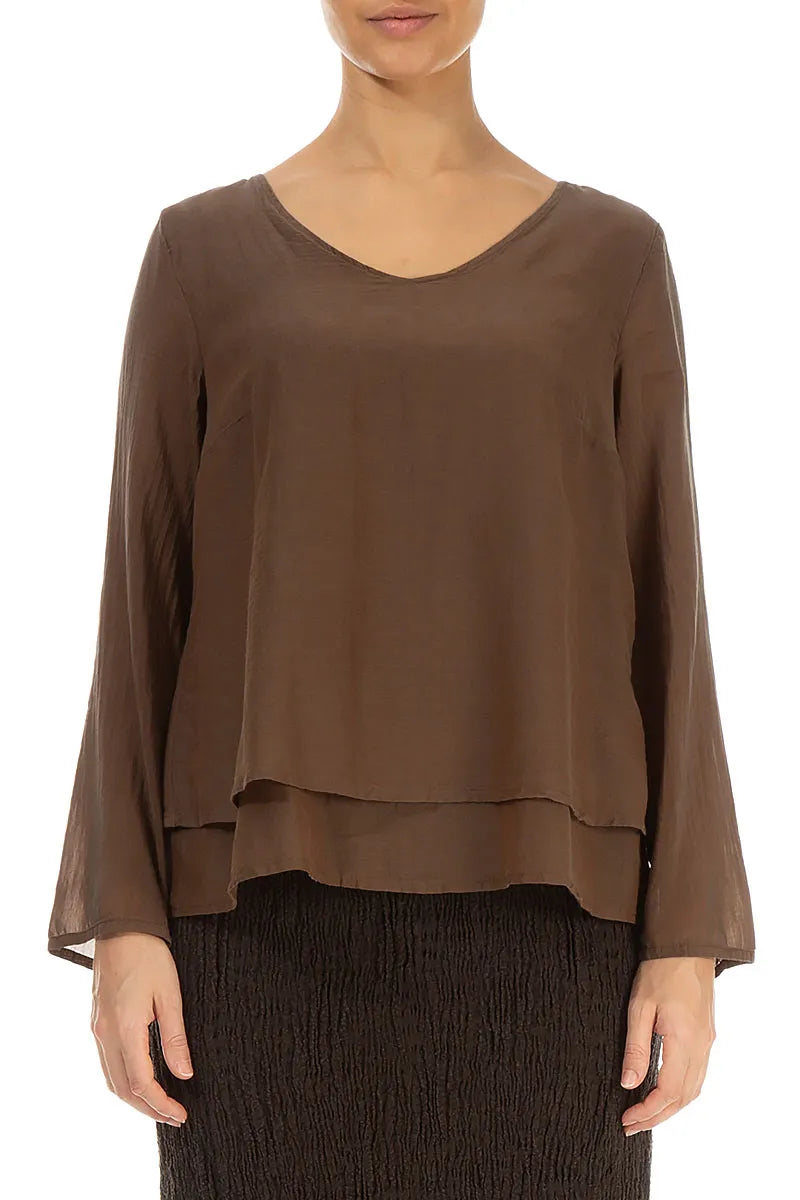 V-Neck Layered Aged Copper Silk Cotton Blouse 1