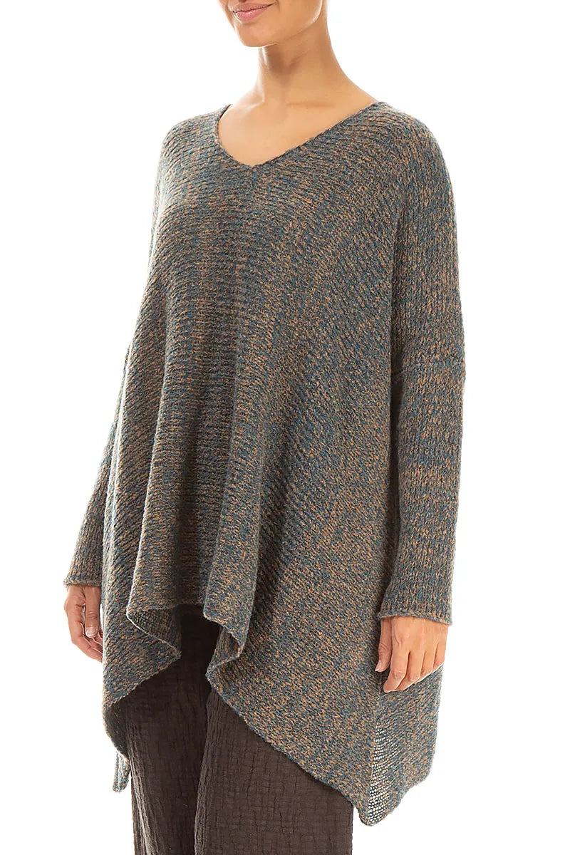 V-Neck Mélange Blue Caramel Wool Sweater 3
