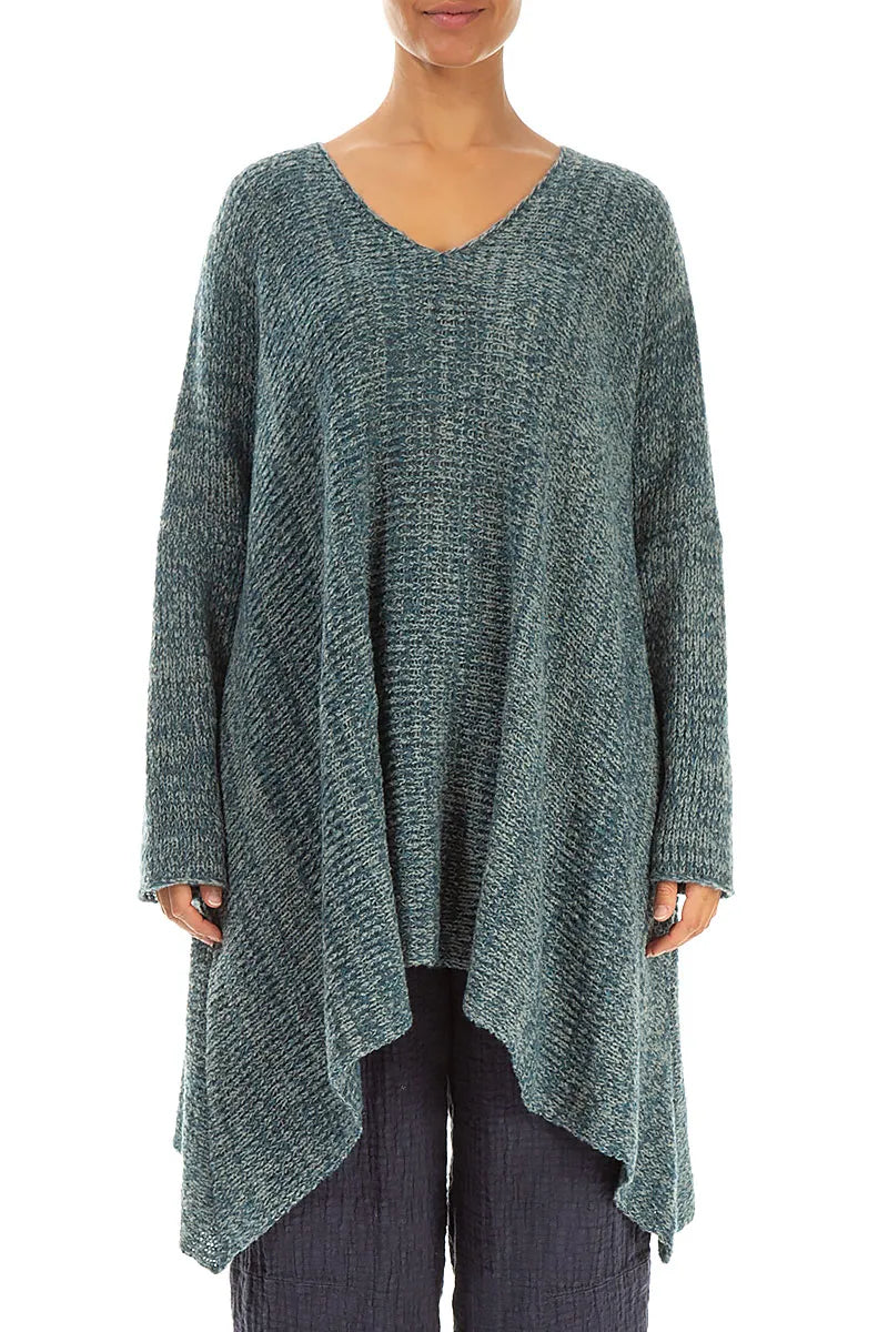V-Neck Mélange Peacock Grey Wool Sweater 1