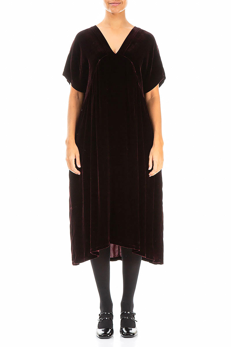 V-Neck Merlot Silk Velvet Dress 2