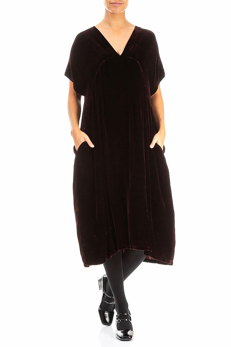 V-Neck Merlot Silk Velvet Dress 5