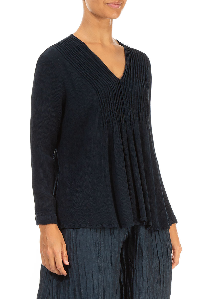 V-Neck Midnight Blue Silk Viscose Blouse 3