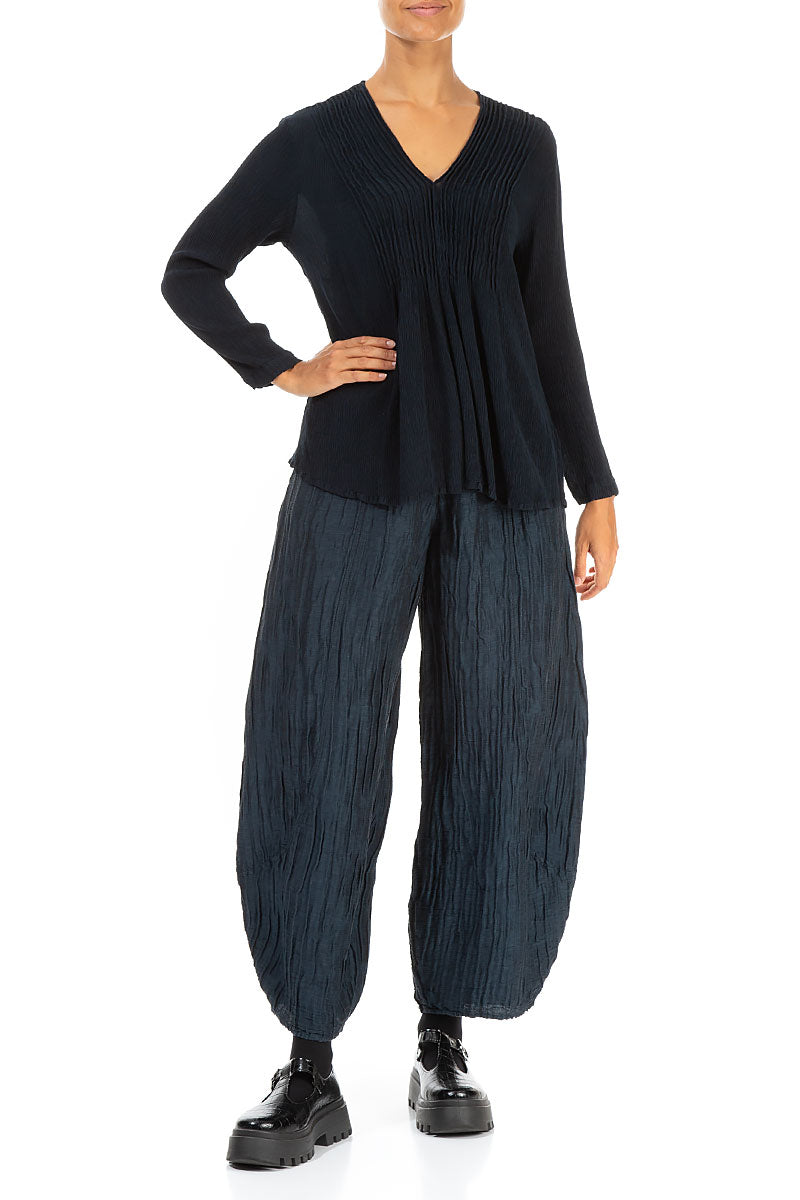 V-Neck Midnight Blue Silk Viscose Blouse 4