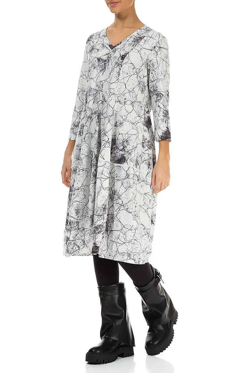 V-Neck Off White Marble Cotton Dress 3