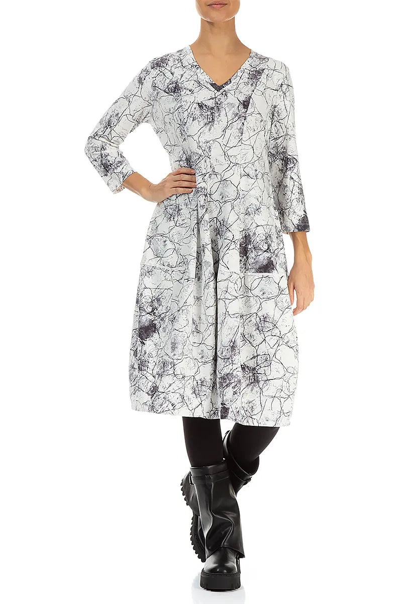 V-Neck Off White Marble Cotton Dress 4