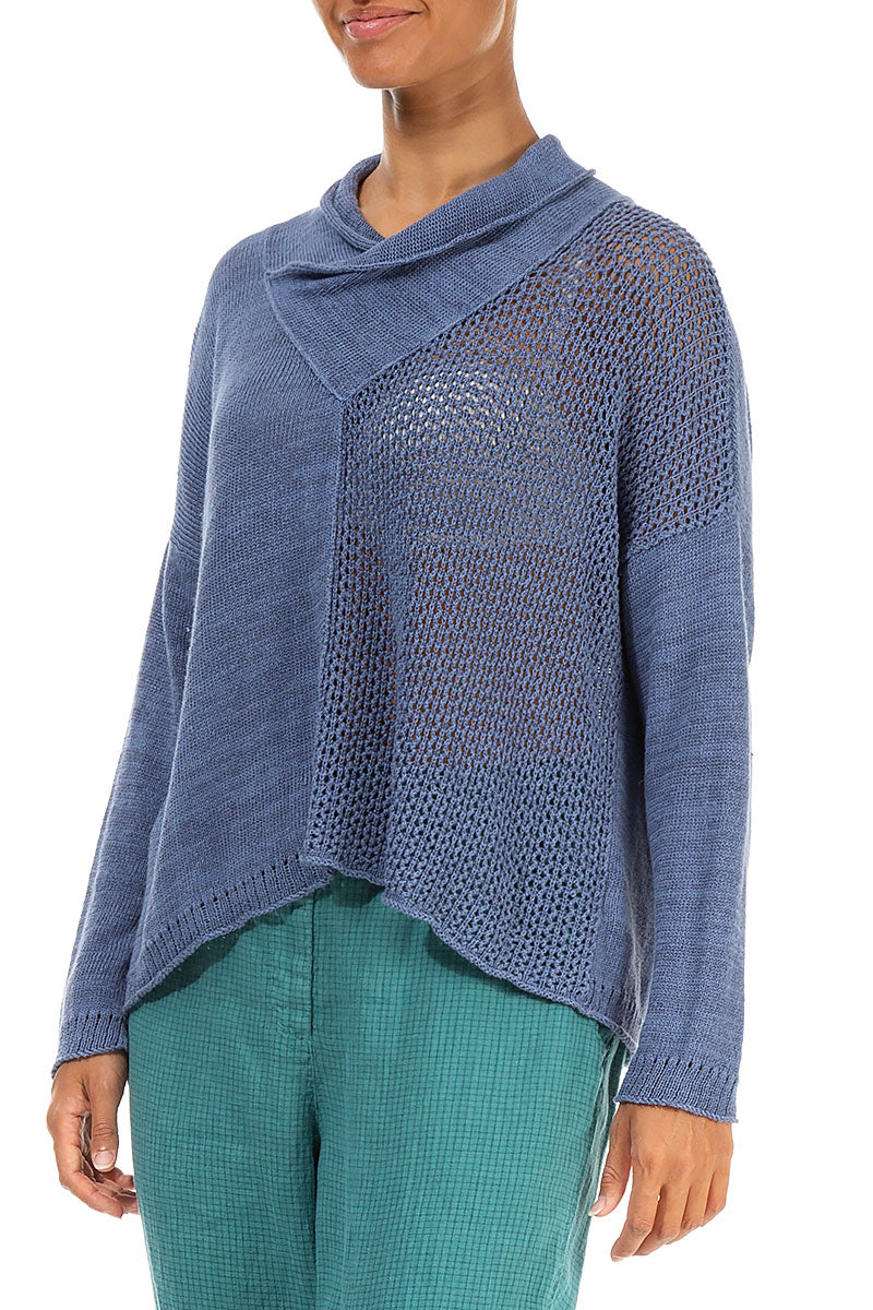 V-Neck Overlap Blue Nova Linen Jumper 3