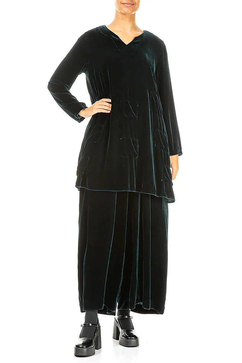 Decorated V-Neck Peacock Silk Velvet Tunic