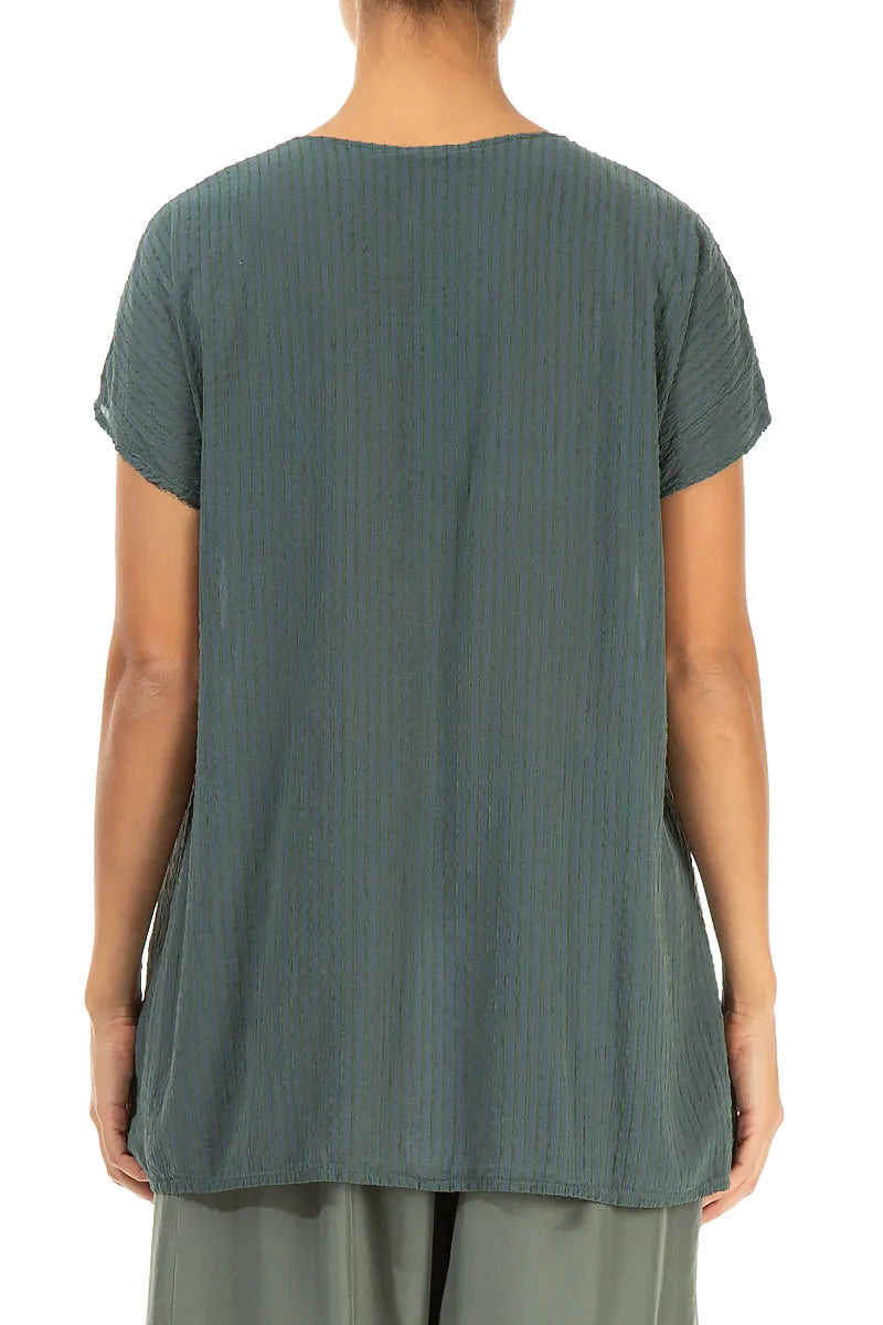 V-Ausschnitt Salbeifarbene Gestreifte Seidenviskose-Bluse