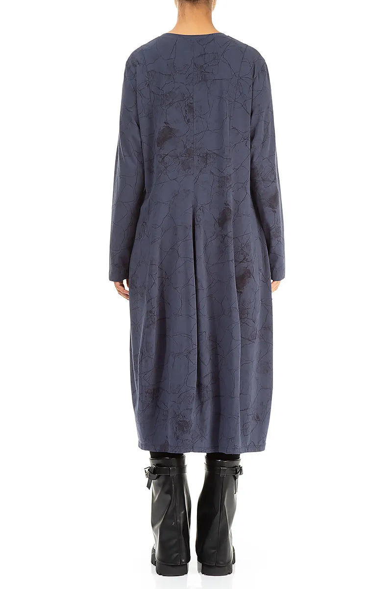 Long Sleeves V-Neck Slate Blue Marble Cotton Dress 2