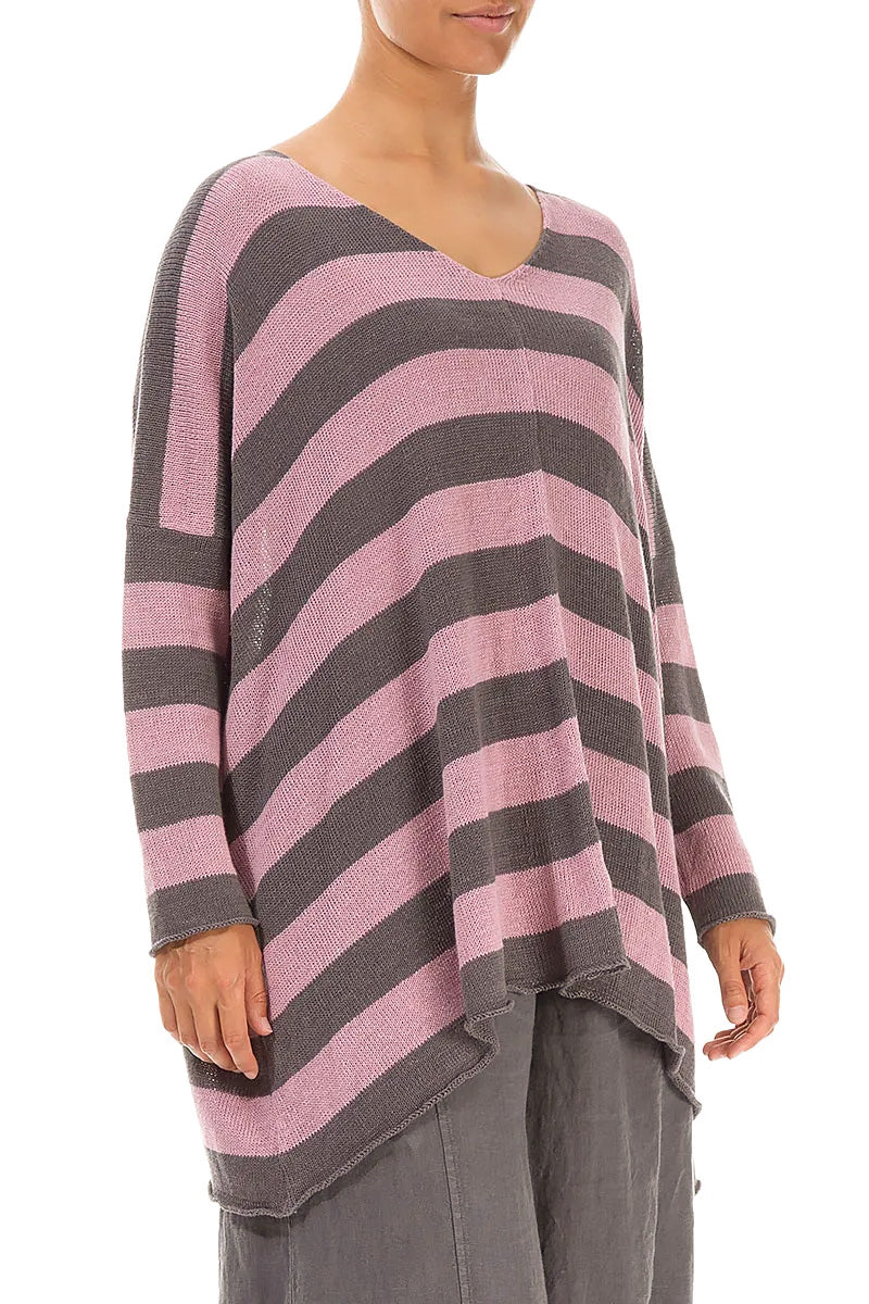 V-Neck Striped Mauve Pink Linen Jumper 3