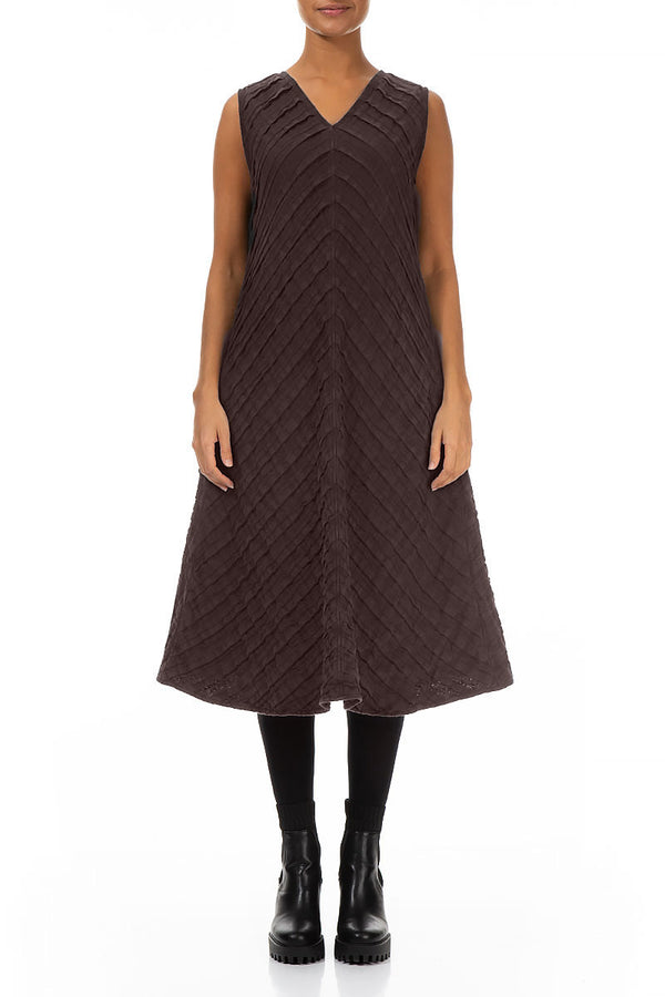 V-Neck Truffle Brown Pleated Linen Dress